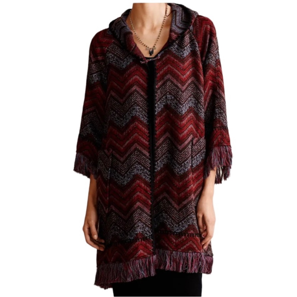 Anthropologie Hei Hei Coat Wool Fringed Hood Print Wool Coat Boho Hippie